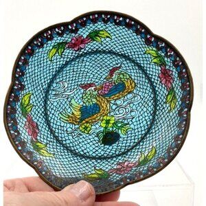 Chinese Transparent Enamel Style Bird Dish Copper Tone 5” Marked China